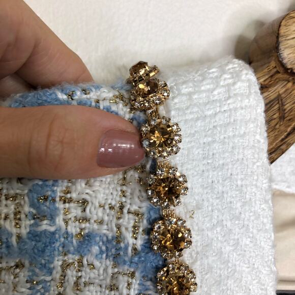 Sister Jane Blazer Cardigan Metallic Blue Tweed Plaid Long Bejeweled V Neck S - Picture 6 of 14